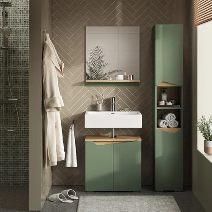 Vichy Badmöbelset Marelle, 3-teilig mit Hochschrank, Grün/Artisan, inklusive Badezimmer-Spiegel und Waschtischunterschrank – Bild 3