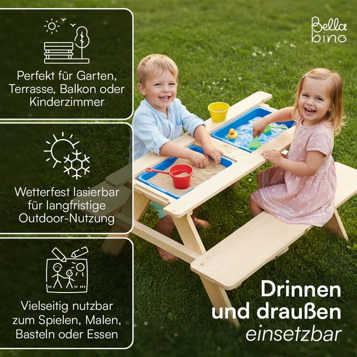 Bellabino 'Inny' Sitzgarnitur für Kinder, Kiefer massiv, natur unbehandelt, 50x89x80 cm, Kindersitzgarnitur für 4 Personen, Matschtisch mit 2 Wannen, ab 2 Jahren – Bild 5