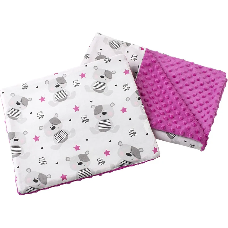 Medi Partners Babydecke Krabbeldecke mit Kissen 100% Baumwolle Minky Kinderdecke 55x75 + 35x30cm multifunktional für Kinderwagen Babyschale Wiege (Teddy mit dunkelrosa Minky)