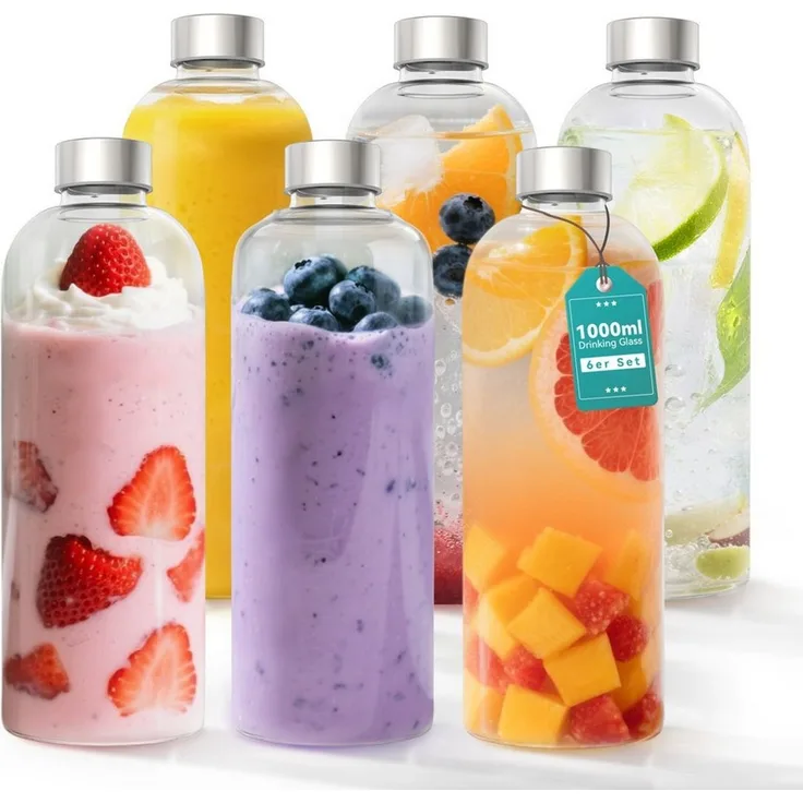 FIVMEN Trinkflasche luftdichte Glaswasserflasche 1000ml mit Edelstahldeckel, 2/4/6 Stück Saftflaschen Set inkl. Reinigungsbürste für Wasser, Saft