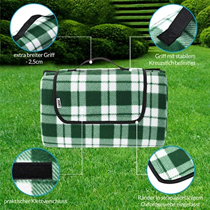 DETEX® Picknickdecke, 200x200 cm, Karo/Grün, wasserdicht, isoliert, faltbar – Bild 6