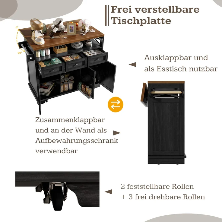 Kücheninsel 118x43-80x98 cm, schwarzer Küchenwagen mit klappbarer Holzoptik-Arbeitsplatte und Metallrahmen, 98cmx118cmx43-80cm – Bild 6