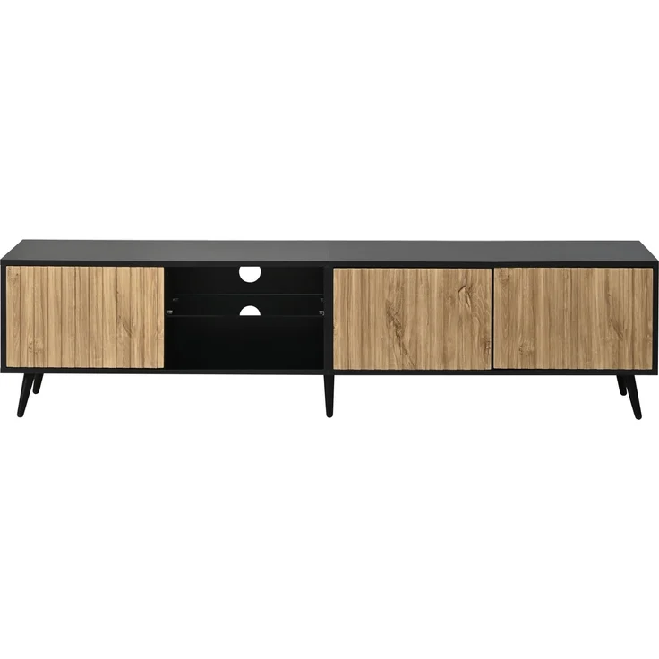 Merax 175cm LED-TV-Schrank für das Wohnzimmer, Naturholzfarbe + Schwarz, lowboard mit 6 Stützbeinen, Schrank aus gehärtetem Glas, 3 Schränke für viel Stauraum, Geeignet für 75-Zoll – Bild 9