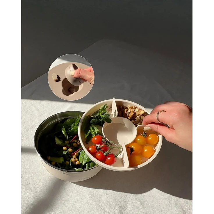 MAMEIDO Salatbox, Edelstahl, Kunststoff, Silikon, to-go mit 3 Fächern & auslaufsicherem Dressingbehälter in 1500 ml – Bild 2