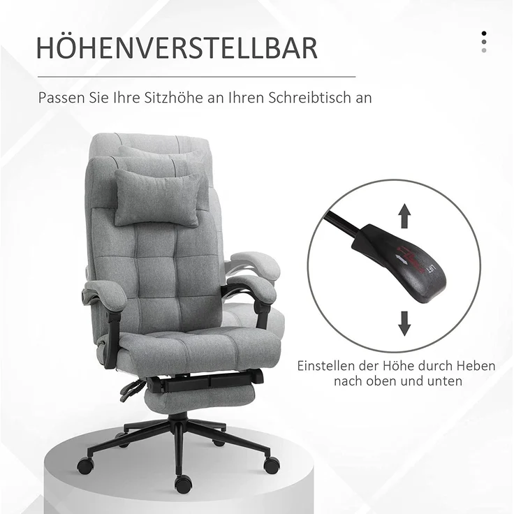 Vinsetto Bürostuhl mit Kopfkissen Armlehne Schreibtischstuhl mit Neigungswinkel Höhenverstellbarer Drehstuhl mit Fußstütze Leinen Schaumstoff PVC Hellgrau 66 x 70 x 116-124 cm – Bild 4