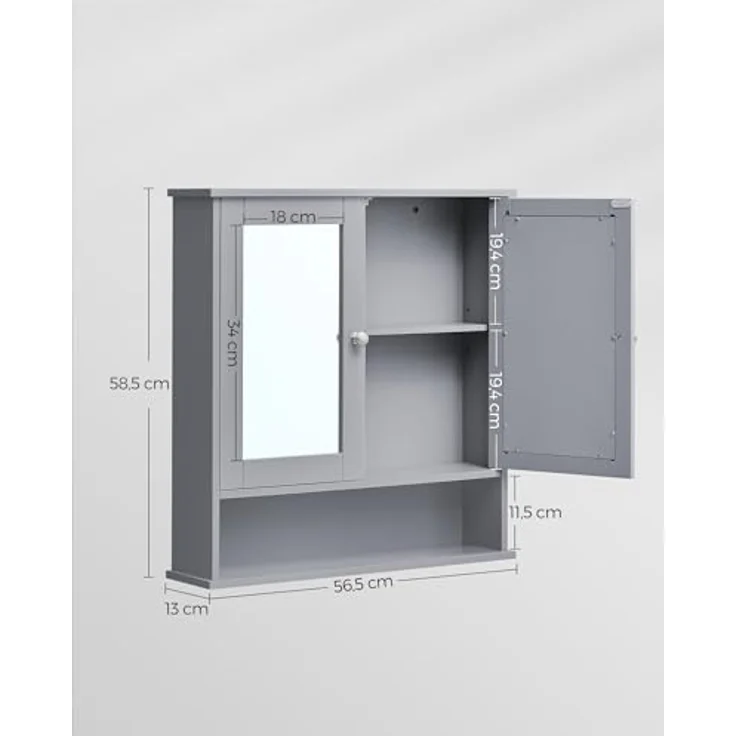VASAGLE Spiegelschrank, Badschrank, Wandschrank, Hängeschrank mit 2 Spiegeltüren und offenem Fach, verstellbare Ablage, Wandmontage, 13 x 56,5 x 58,5 cm, Taubengrau LHC002G02 – Bild 4