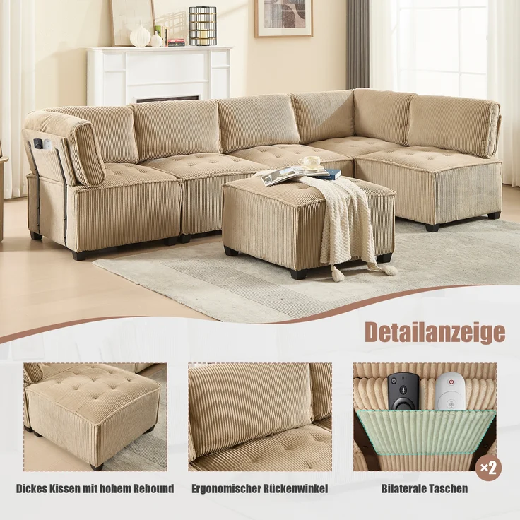 LVHOM Modulares Sofa U Form 308 x 82 x 154 cm, 6-Sitzer mit Schlaffunktion, Modular Cord Ecksofa, umwandelbares Schaumstoffsofa, Sofagarnitur, Khaki – Bild 4