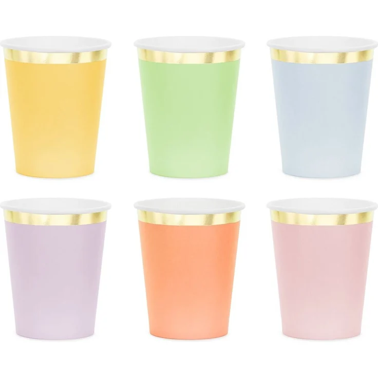 partydeco Becher, Papier, Pappbecher 220ml mit Goldrand 6er Set Bunt Pastell / Gold – Bild 2