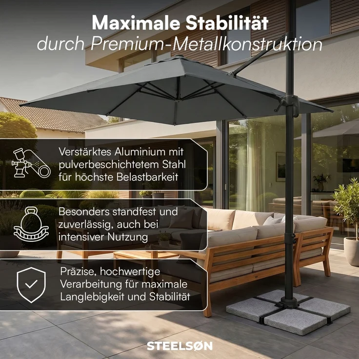 STEELSØN 'Elaris' Premium Sonnenschirm 300x300 cm quadratisch, neigbar und 360-Grad drehbar, anthrazit, Ampelschirm inkl. Hülle, extrem robuste Metall-Stange, 220 g/m² Polyester, UV50+ – Bild 5