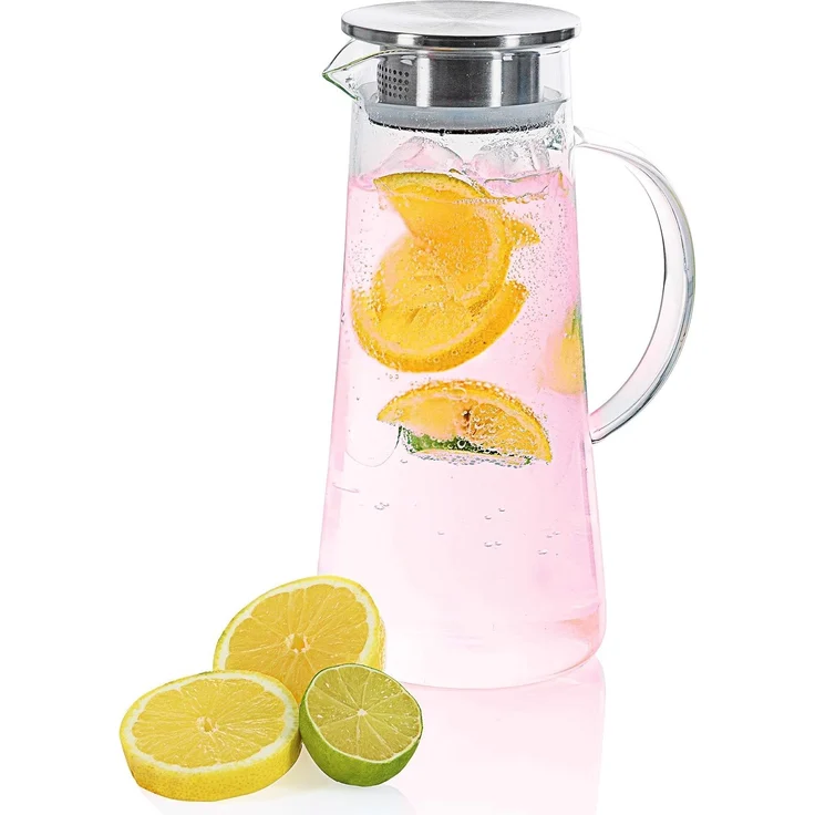 Dimono Wasserkaraffe Dimono Wasserkaraffe 1,5L – Glas Wasserkrug mit Edelstahlfilter, (1,5 Liter, Glas-Krug), Getränkekaraffe für heißes & kaltes Wasser – Bild 9