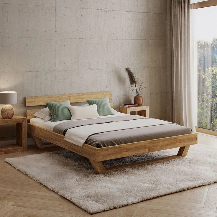 skølm 'Nornir' Bett 160x200 cm, Bettgestell, natur geölt, Massivholzbett aus Eiche mit Holzkufen, Doppelbett mit Streben Bettkopf – Bild 1