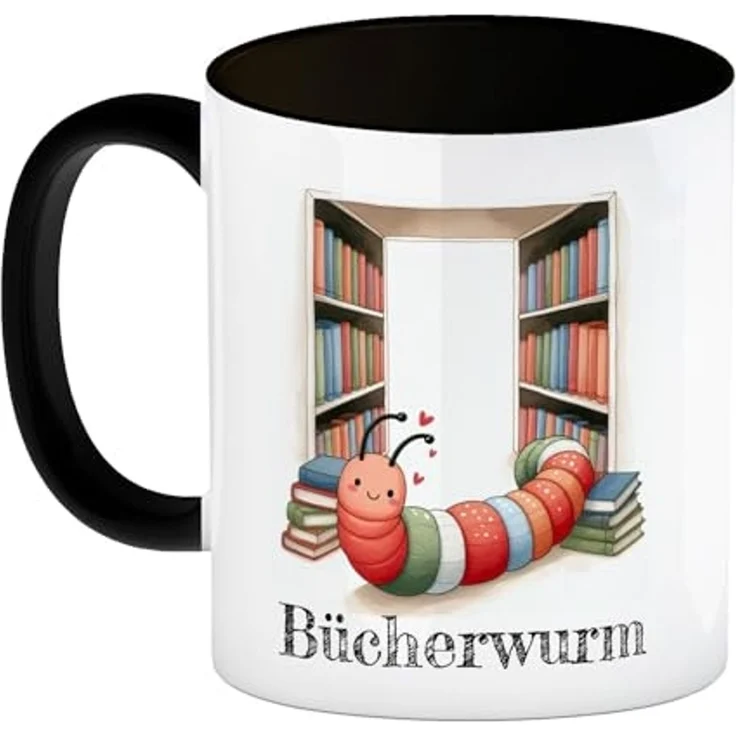 speecheese Tasse Bücherwurm Kaffeebecher in schwarz mit Wurm in der Bibliothek – Bild 2