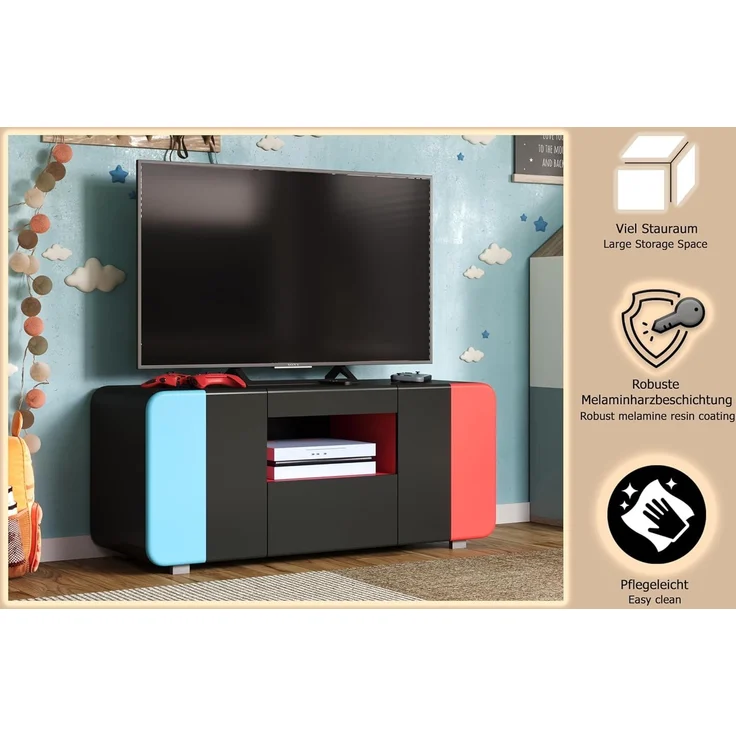 trendteam smart living - Level Up - TV-Schrank - Schwarz/Rot/Blau - Gaming-Lowboard passend für z.B. Nintendo Switch - (BxHxT) 115 x 49 x 42 cm - Mit verdeckten Griffmulden und Softclose-Türen – Bild 5