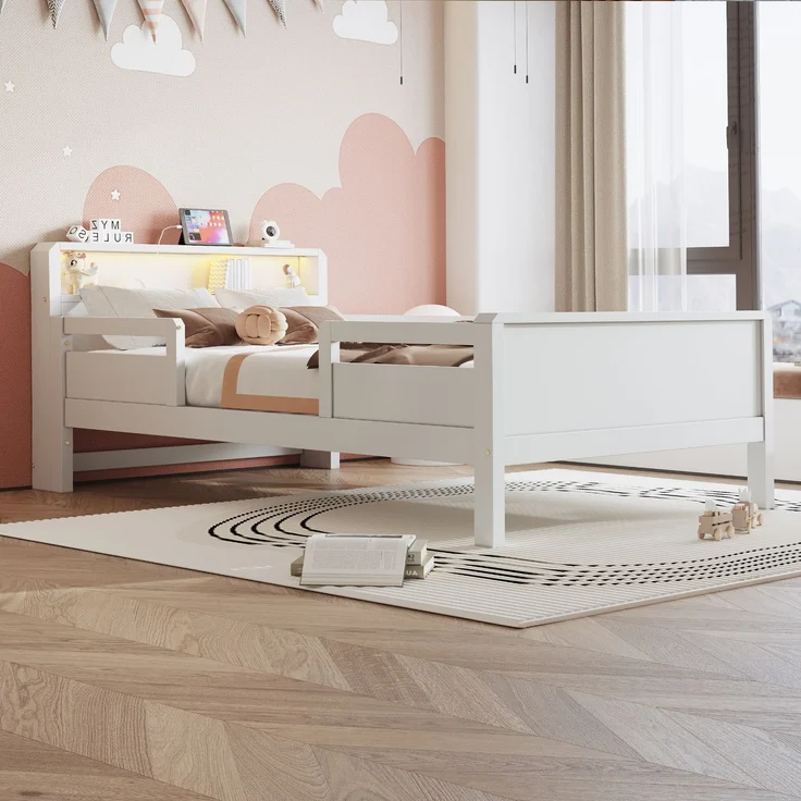 EINHOM Holzbett 90 x 200 cm, USB- und Tape-C-Kombi-Steckdose, Kleine LED-Leuchte, Kopfteil mit Ablagefunktion, Kinderbett, Einzelbett, Multifunktionsbett, Kiefernholz, Weiß, (Ohne Matratze) – Bild 1