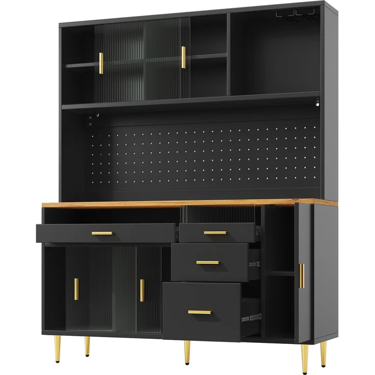 Merax 171cm Hochschränke fürs Wohnzimmer, Küchenschrank, Esszimmerschrank, Schränke mit LED-Beleuchtung, Hoher Schrank mit Lochwandregalen, schwarz – Bild 9