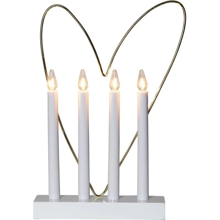 LED Kerzenständer GLOSSY HEART, Weiß, Holz, Stahl, Messing, Kabelschalter