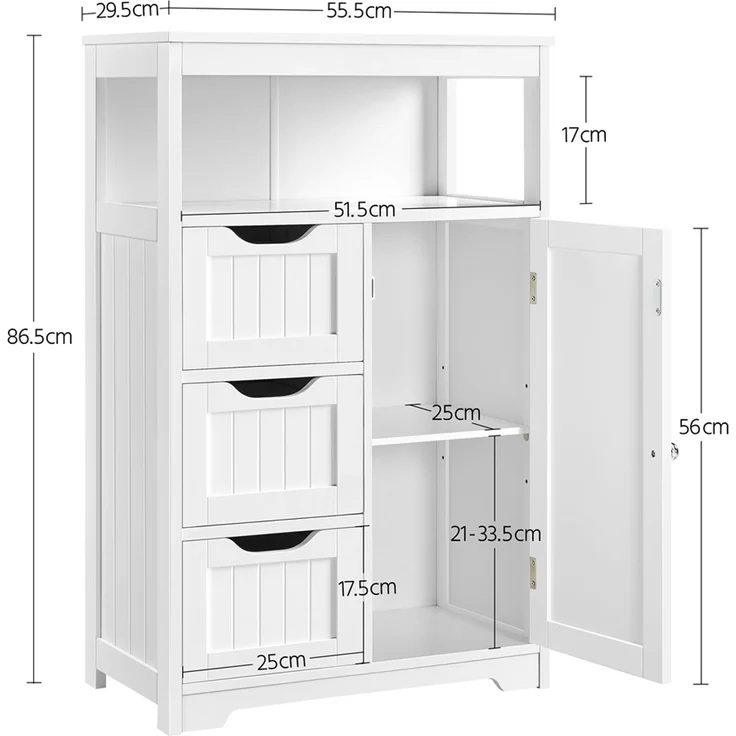 Yaheetech Badezimmerschrank mit 3 Schubladen, verstellbarem Regalbrett & 1 offenem Regal, Holz weiß, 55,5 x 29,5 x 86,5 cm – Bild 3