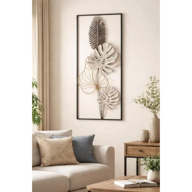 Kobolo Wandbild Monstera, modernes Metallbild mit 3D-Design, schwarz-gold-weiß, 29x74x3 cm, stilvolle Wanddeko für Wohnzimmer, Esszimmer und Flur – Bild 2