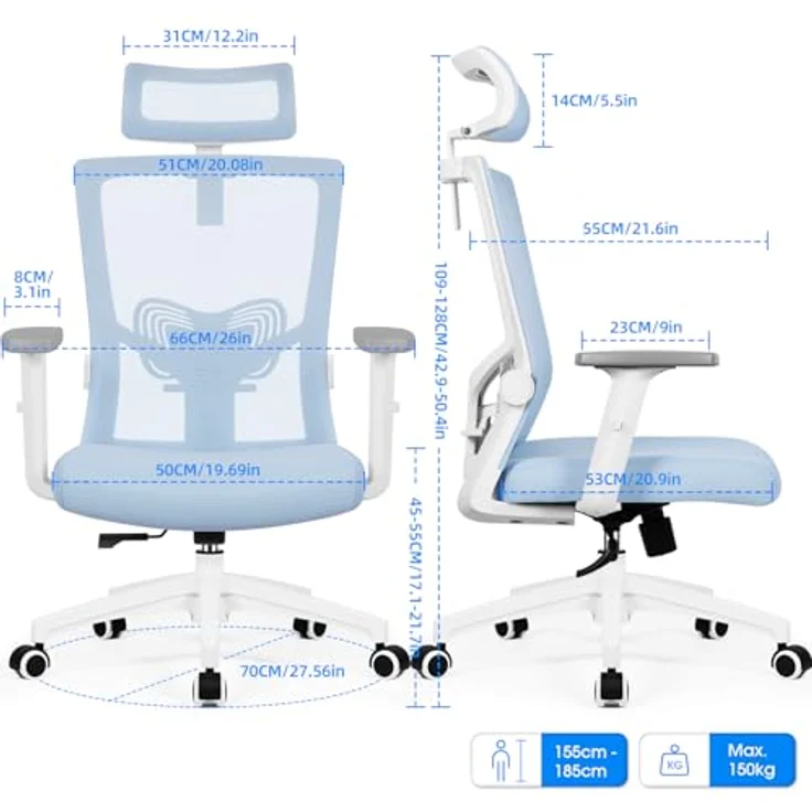 Daccormax Bürostuhl Ergonomisch, mit verstellbarer Kopfstütze, Lendenwirbelstütze & Wippfunktion, Mesh blau, 70 x 70 x 128 cm – Bild 4