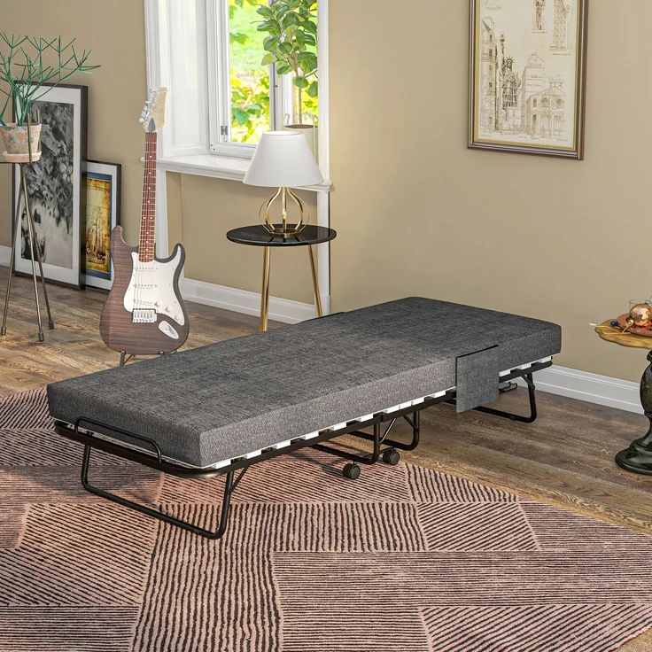 MELAYR, Klappbett, Matratze, 4 Rollen, Metallgestell, bis 150 kg, 190 x 80 x 42 cm, Dunkelgrau – Bild 3