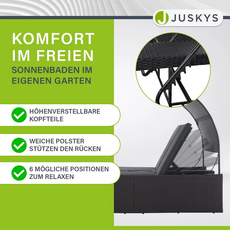 Juskys Polyrattan Doppelliege Syros - Garten Sonnenliege für 2 Personen - Outdoor Liege mit Dach & Auflagen - Kopfteil verstellbar - Schwarz – Bild 8