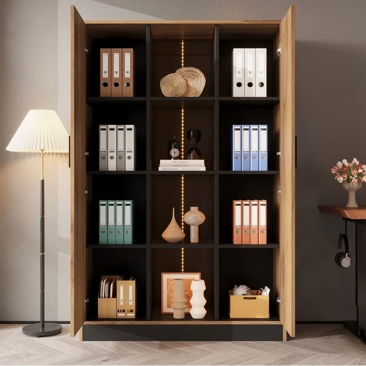 Hochschrank mit LED-Beleuchtung & Soft-Close-Türen, 95x35x160 cm, Schwarz/Eiche – Bild 2