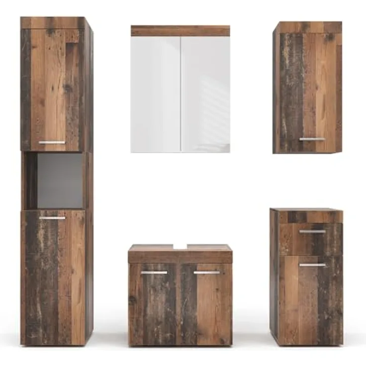 Vichy Badmöbelset Luna, 5-teiliges Oldstyle Badmöbel-Set mit Waschbeckenunterschrank und Spiegelschrank