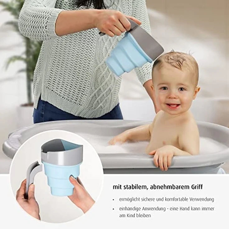 reer MyHappyBath Cup - Haarwaschbecher, Ermöglicht dir das Haarewaschen deines Babys ohne tränen, Flexibler Becher zum einklappen und griff entfernung - optimal für Reisen durch großer Platzersparniss – Bild 5