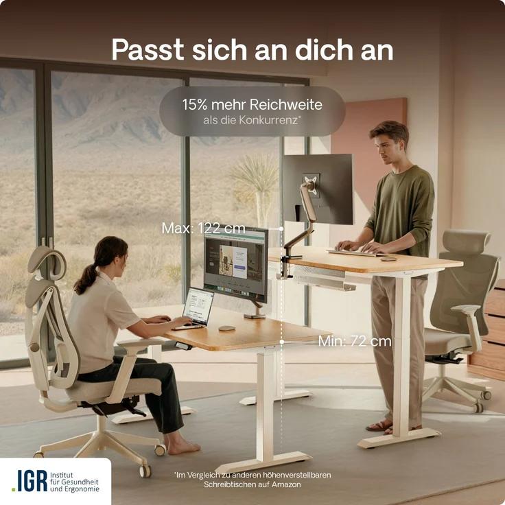 Desktronic HomeOne Elektrisch höhenverstellbarer Schreibtisch 120x60cm Bambus/Weiß mit Memory-Funktion, Anti-Kollisions Technologie, USB-A und USB-C-Ladeanschlüssen – Bild 7