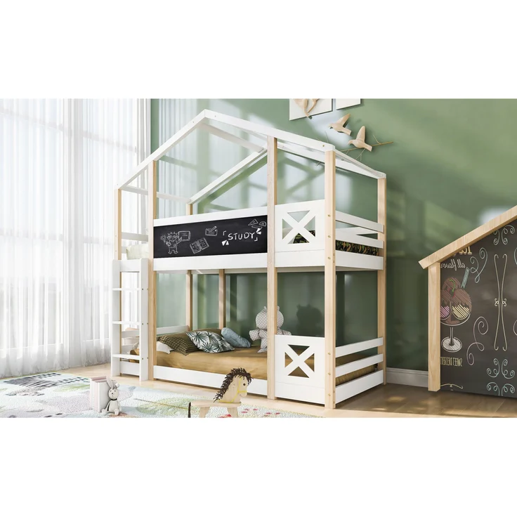 Kinderbett Baumhaus, Massivholz mit Leiter, 90x200 cm, Natur & Weiß, ohne Matratze – Bild 1