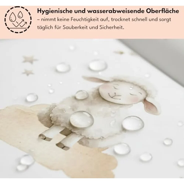 Wickelauflage 50x70 cm, Weiß mit Schäfchen – abwaschbar & wasserdicht, weich für Neugeborene – Wickeltischauflage für Wickelkommode – Baby Wickelunterlage, schnell abwischbar – Bild 6