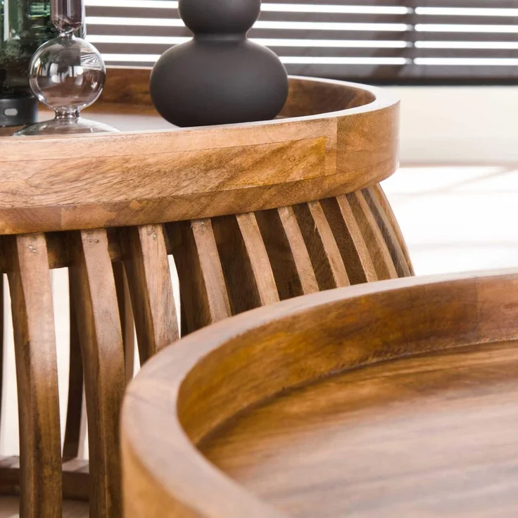 Couchtisch 2er-Set Mangoholz massiv, modernes Lamellen Design, rund in Braun, montiert geliefert – Bild 5