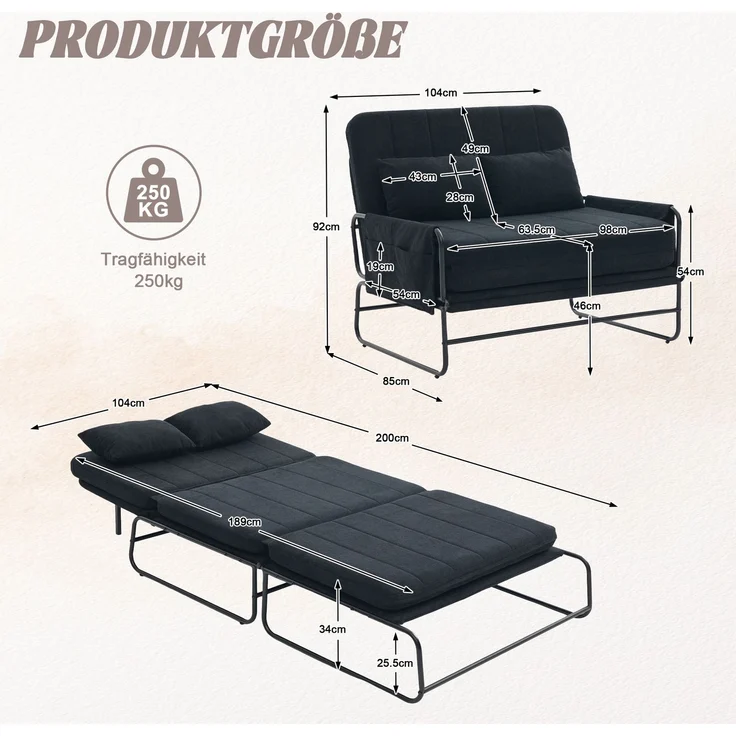 ZUBALIYA Schlafsofa 85x92 cm, mit Stauraum, mit Chenille - Bezug, mit breiten Armlehnen, mit Schaumstoffpolsterung, Schwarz – Bild 8