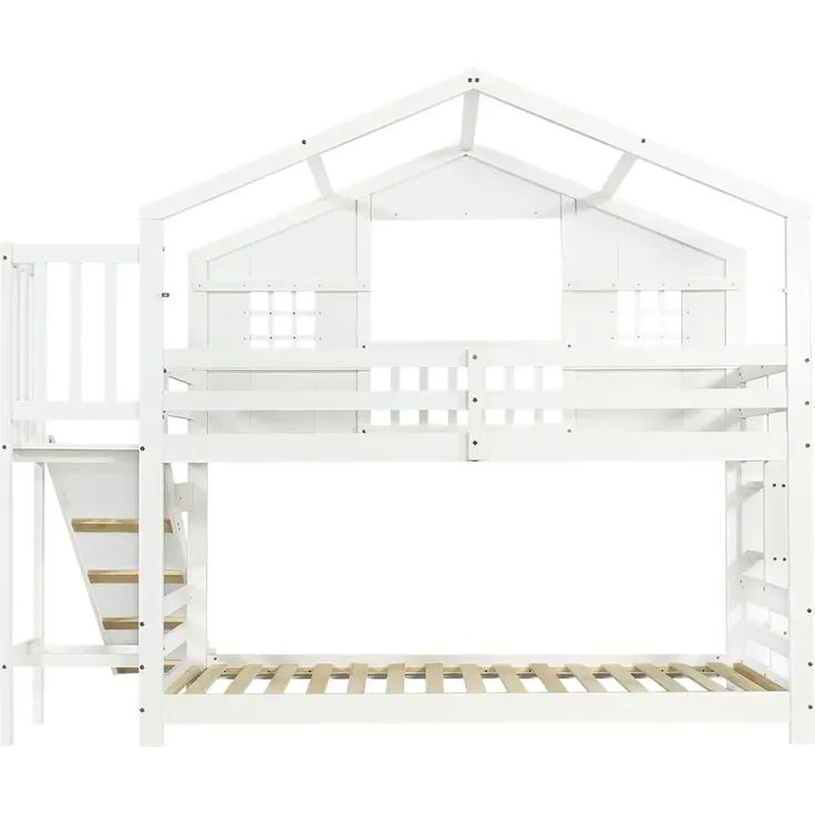 Etagenbett mit 2 Liegeflächen, Lattenrost, Rausfallschutz und Rutsche, 90x200cm, Hausbett, Spielbett, Kinderbett, Kiefer – Bild 7