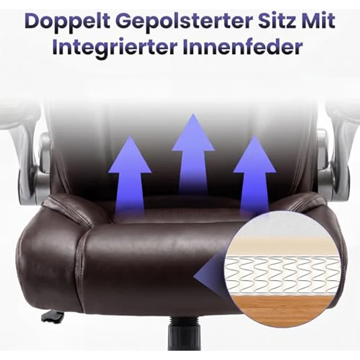 MALOL Ergonomischer Bürostuhl, Schreibtischstuhl aus Kunstleder mit elegantem Design, aufblasbarer Lendenstütze, Federkern-Sitzkissen, klappbaren Armlehnen, für Büro & Homeoffice, Braun – Bild 8