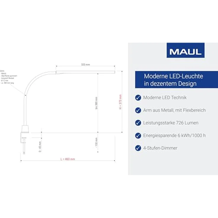 MAUL MAULpirro LED Schreibtischlampe, weiß, 6 W mit Tischklemme und dimmbaren Lichtstufen – Bild 3