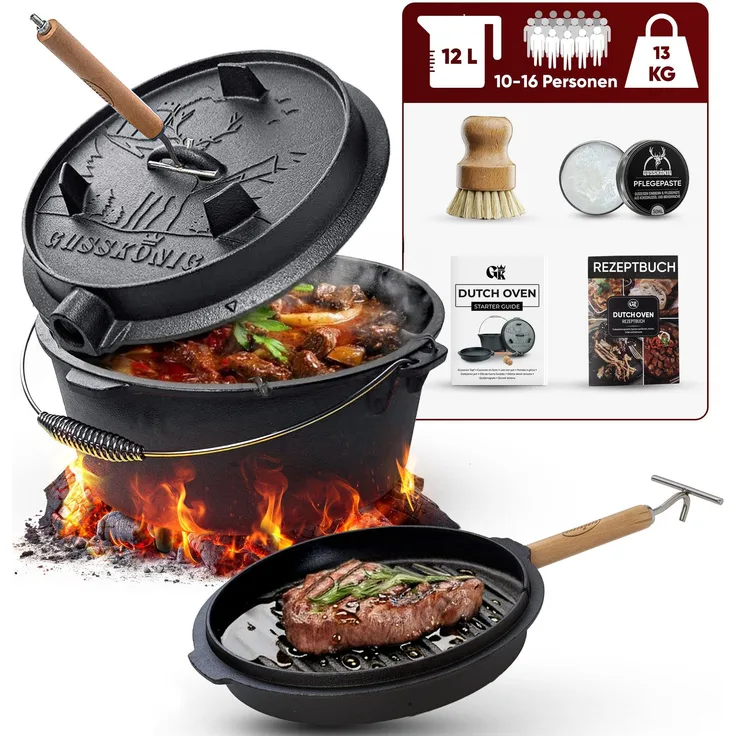 GUSSKÖNIG Dutch Oven Topf mit Füßen 12Liter+Pflegepaste