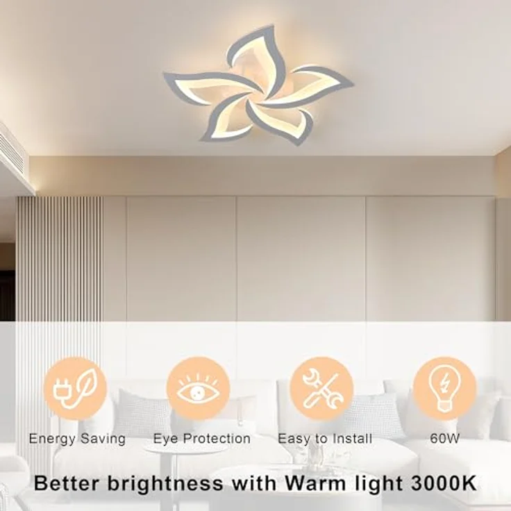 Comely Deckenlampe LED Wohnzimmer, 60cm 60W 6750LM LED Lampen Deckenleuchte, Moderne Blütenblatt Design Lampen für Wohnzimmer Küche Schlafzimmer Esszimmer, 3000K Warmweißes Licht, Weiß – Bild 4