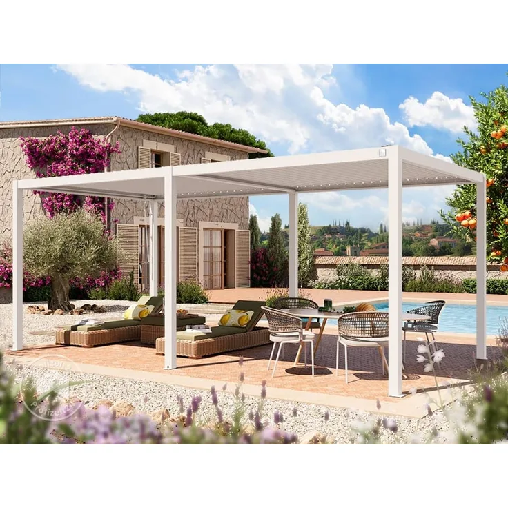 PRIMEYARD Pergola 3x6 m Aluminium-Pfosten mit Lamellendach aus Stahl weiße Terrassenüberdachung