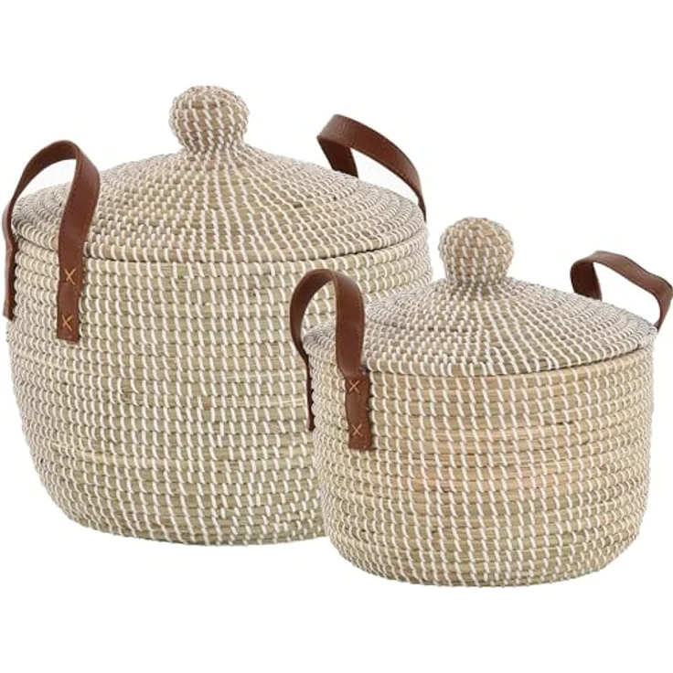 Krines Home Aufbewahrungskorb Set/2 Handgearbeiteter Seegras Dekokorb mit Deckel zur Aufbewahrung (2 St, 2er-Set), Flechtkorb Korb Natur mit weißen Wicklungen Rund Hell Natur – Bild 2
