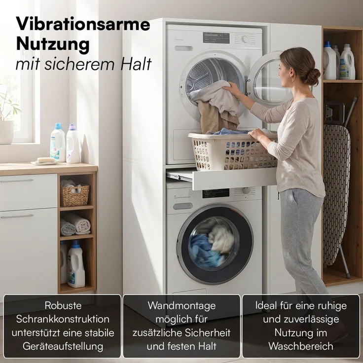 Bellamio 'Vist' Waschmaschinen Trockner Schrank mit Schublade, weiß, Waschturm mit ausziehbarer Ablagefläche, Hochschrank mit Wandanschluss – Bild 6