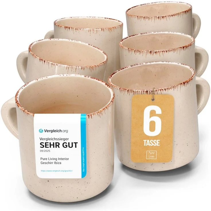 PURE LIVING INTERIOR DESIGN Geschirr-Set Tassen 6er 350ml »Rustic«, Steingut, Beige (6-tlg), 6 Personen, Steingut – Bild 1