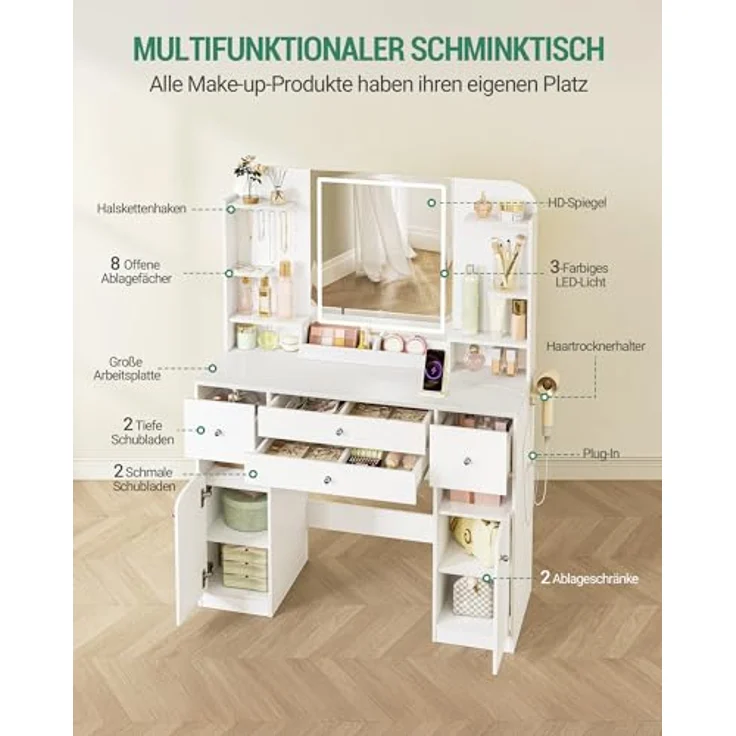 Schminktisch mit LED-Beleuchtung, mit Stecker und Föhnhalter, große Tischplatte 108 cm, Schminktisch mit 2 großen Schubladen mit Schmuckablage, 2 Schränke, 40 x 108 x 144 cm, Weiß – Bild 2