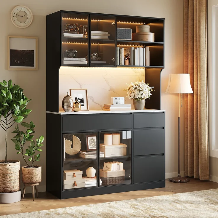 ZUBALIYA Vitrine, mit Schubladen, mit Stauraum, mit LED-Beleuchtung, H 180 × T 40 × B 120 cm, Schwarz / Weiß, MDF – Bild 4
