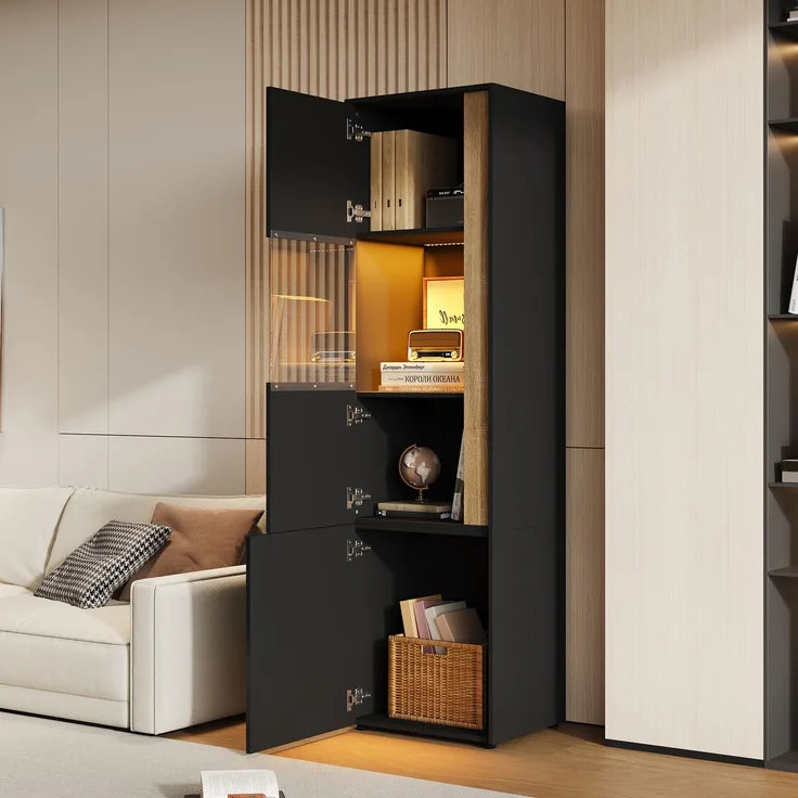 Vitrine, Aufbewahrungsmöbel, hoher Schrank mit LED-Beleuchtung, 2 Türen (eine davon aus Acryl), Geeignet für Wohnzimmer, Büros und Küchen. Schwarz+Natural, Maße: B50 x T40 x H179 cm.--Schwarz + Natur--50x40x179cm--YOUDENOVA