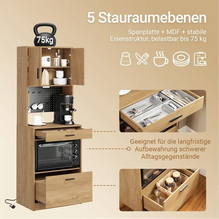 SoBuy Buffet FSB98-E, Küchenschrank mit Steckdose, Buffetschrank Küche, Sideboard Mikrowellenschrank mit Steckdose und 2 USB, für Küche und Kaffeebar – Bild 3