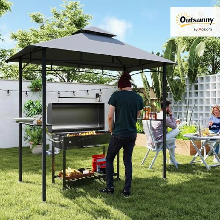 Outsunny Grillpavillon, Flammhemmendes Doppeldach Gartenzelt mit 2 Ablagen, Grau, 245 x 148 x 252 cm – Bild 2