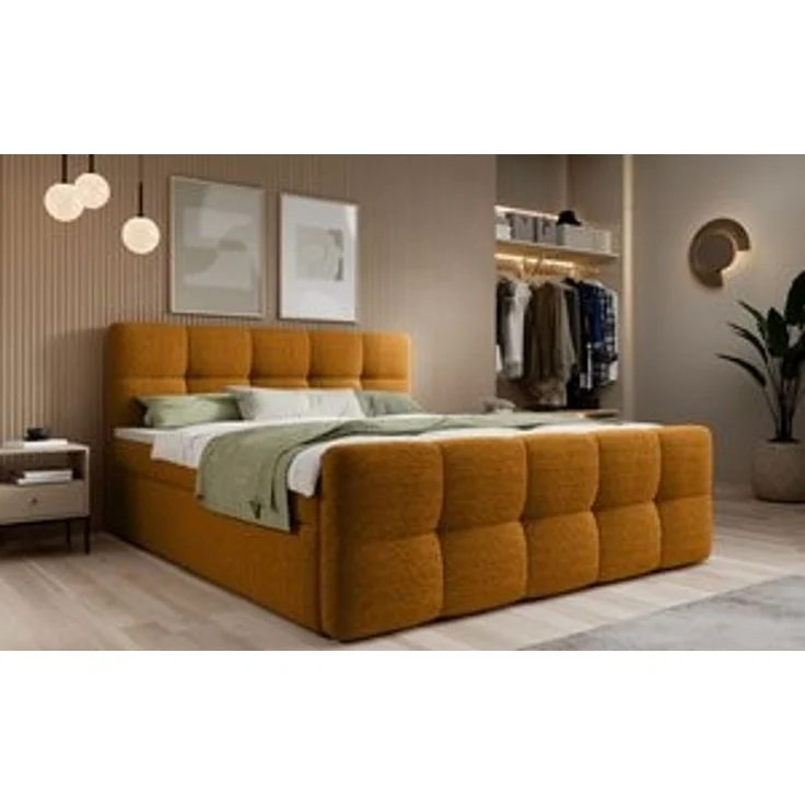 thematys Boxbett mit Bettkasten 140x200cm, mit Bonnellfederkernmatratze H3, Bouclé/Velours, mit Stauraum, mit 3 cm Topper, Inca Gold (Arena 10), Art.-Nr. S04GH0RGSWI – Bild 7