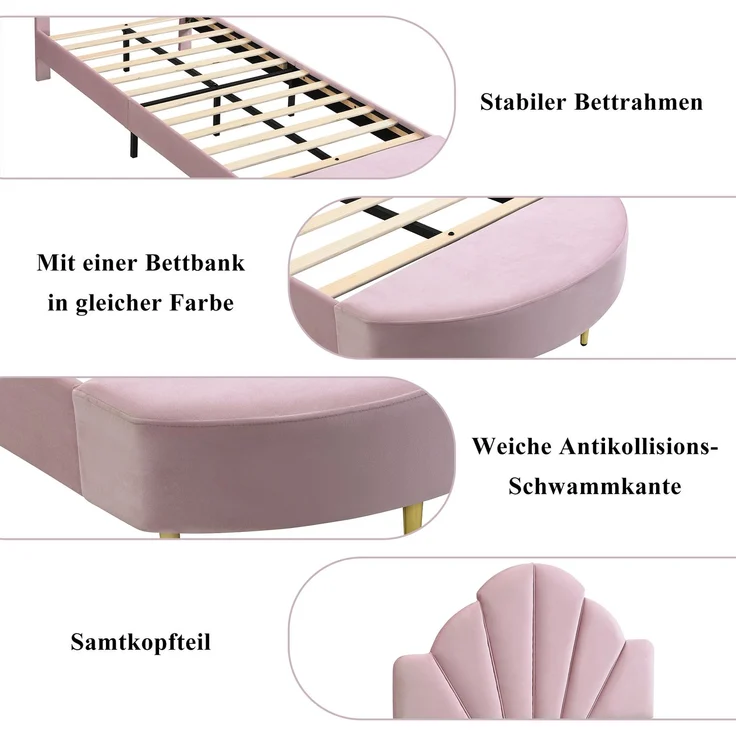 Merax Polsterbett, 90 x 200cm Einzelbett, Kinderbett mit Samtkopfteil, Mit einer Bettbank in gleicher Farbe, Weiche Antikollisions-Schwammkante, Rosa – Bild 6