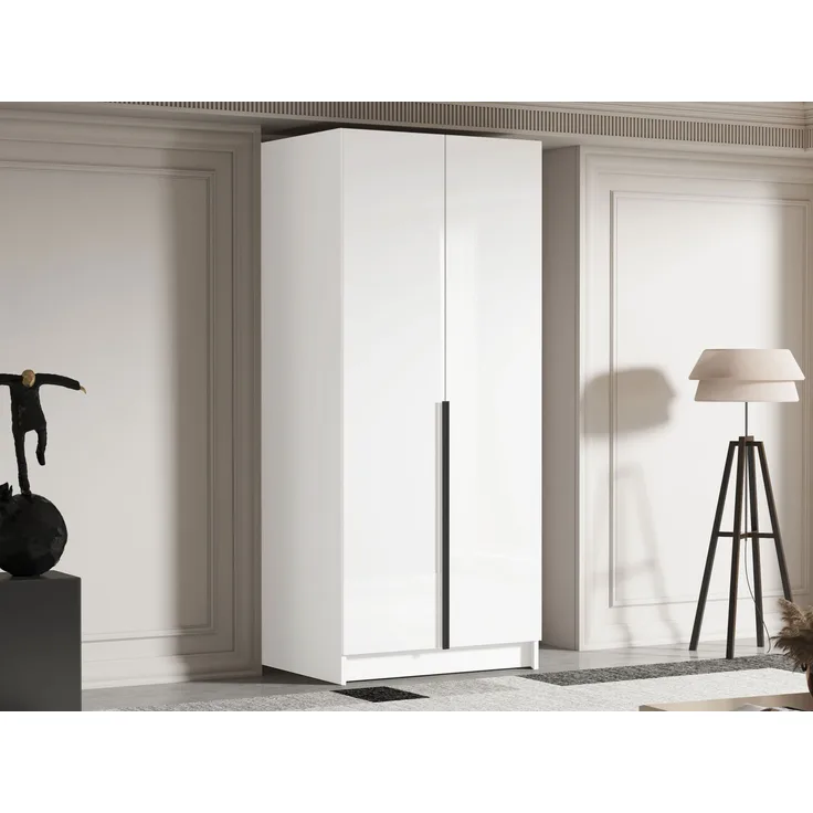 Drehtürenschrank Borton I, Kleiderschrank mit 2 Türen (Farbe: Weiß / Weiß Hochglanz + Gold)
